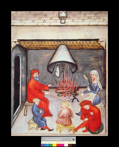 Conversation in Front of the Fire, illustration from Tacuinum Sanitatis Codex Vindobonensis by Italian School